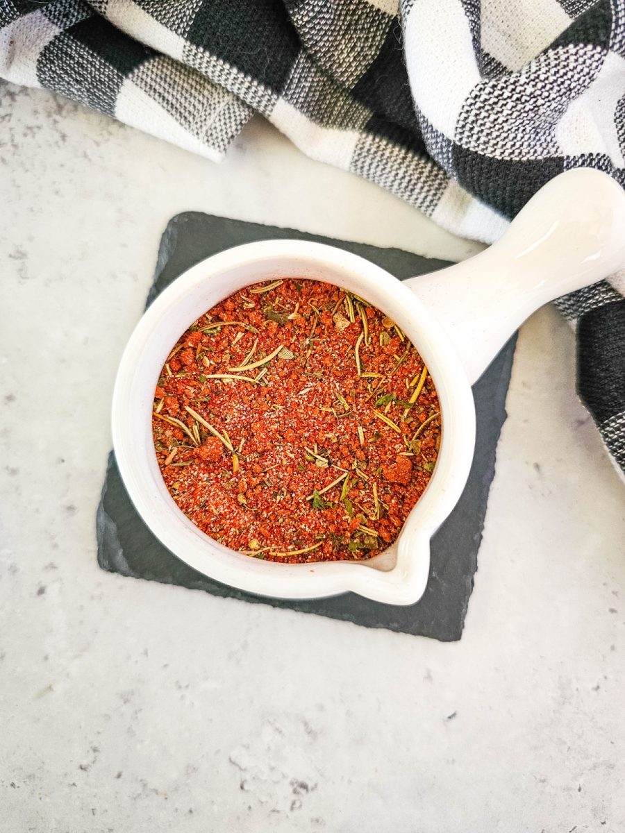 overhead view of white container with beef roast spices