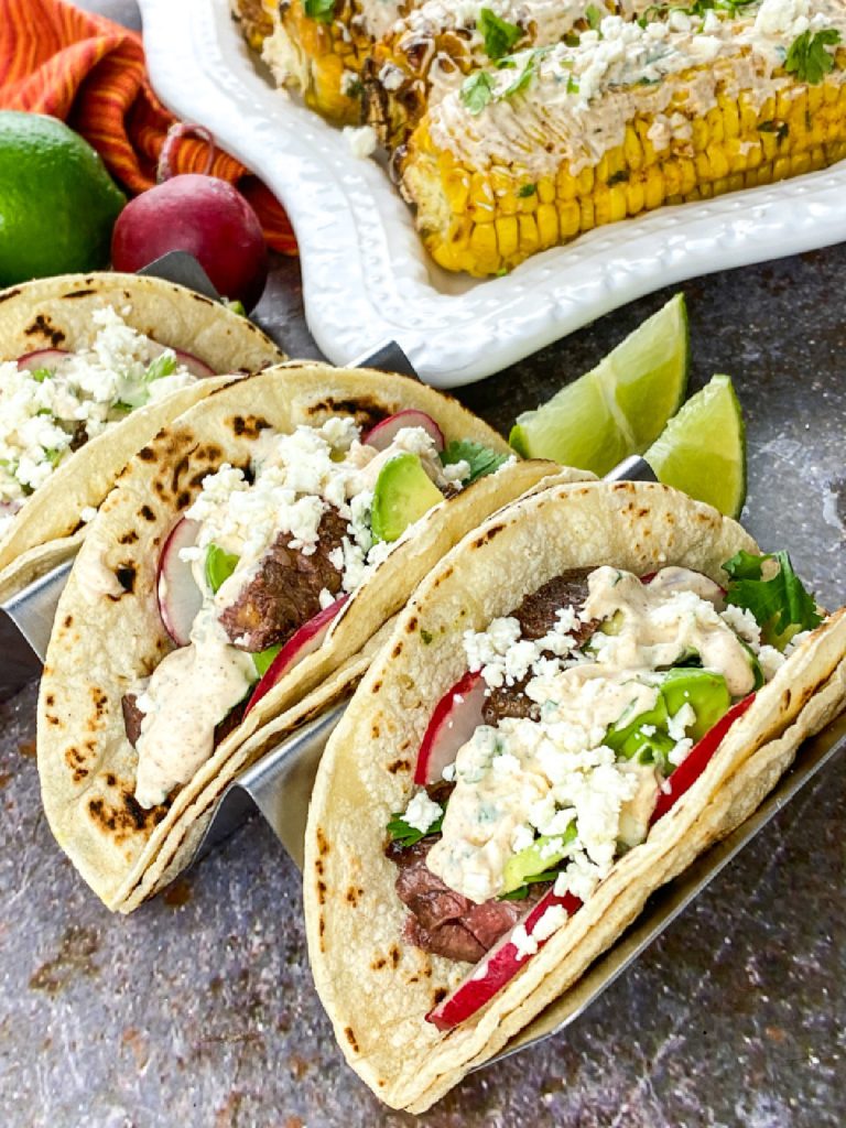 steak street tacos with mexican street corn