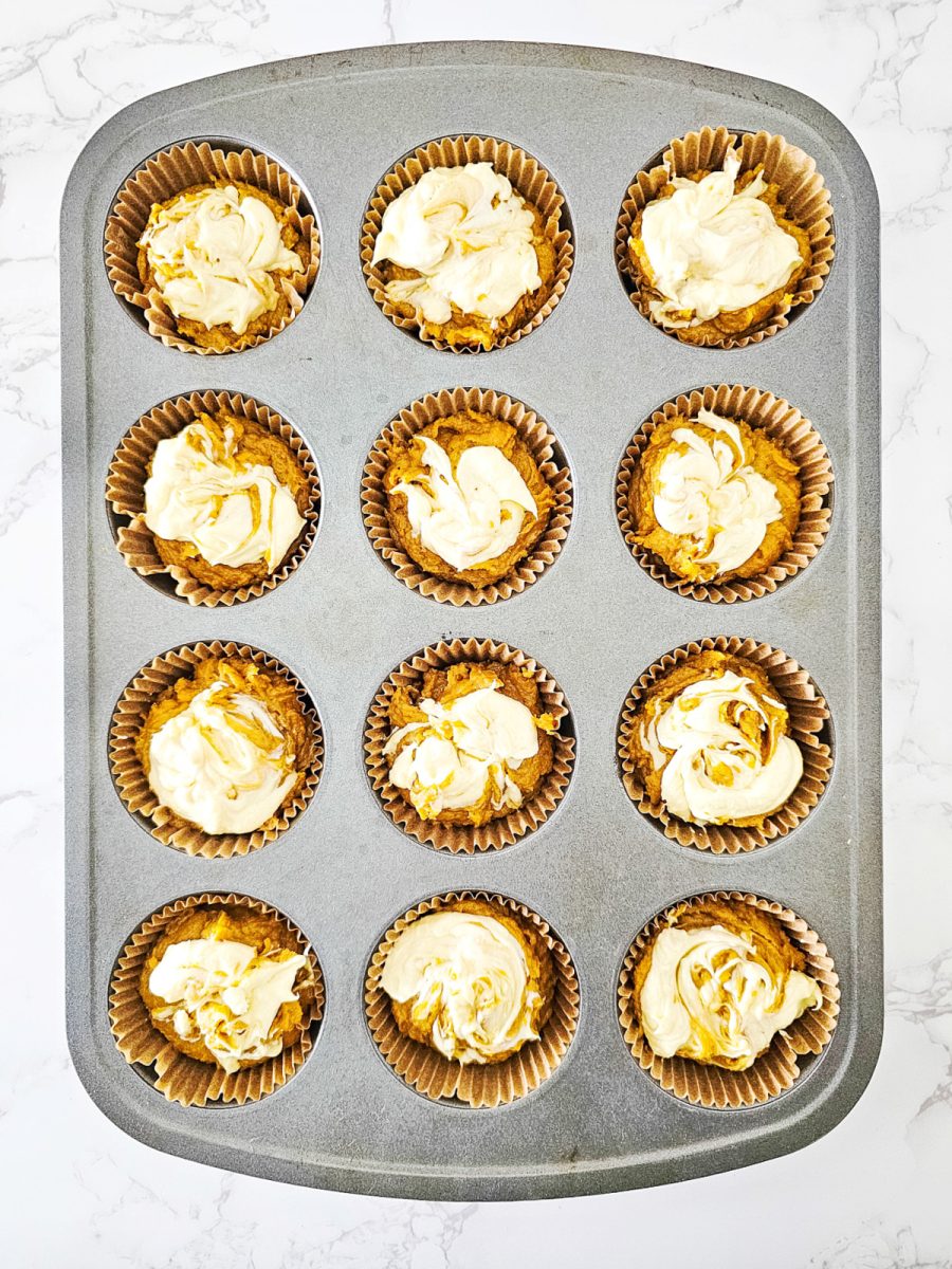 swirl cream cheese into muffin batter