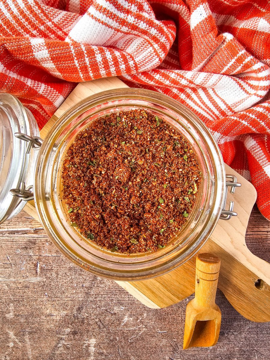 top view of elte seasoning in open jar