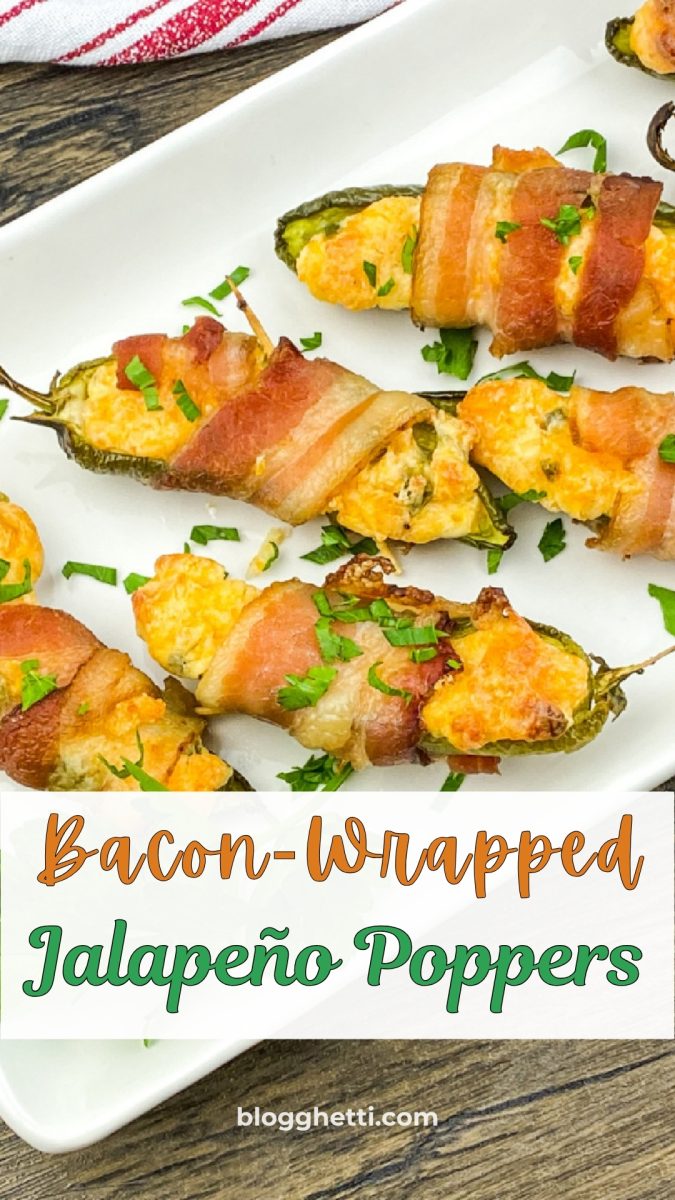 A close-up view of several crispy bacon-wrapped jalapeño poppers on a white serving tray, garnished with chopped parsley. A white text box at the bottom contains the title "Bacon-Wrapped Jalapeño Poppers" in orange and green script.