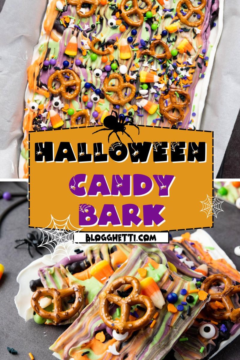 Bright Halloween candy bark with pretzels, candy corn, and sprinkles, with a festive text overlay that reads 'Halloween Candy Bark'