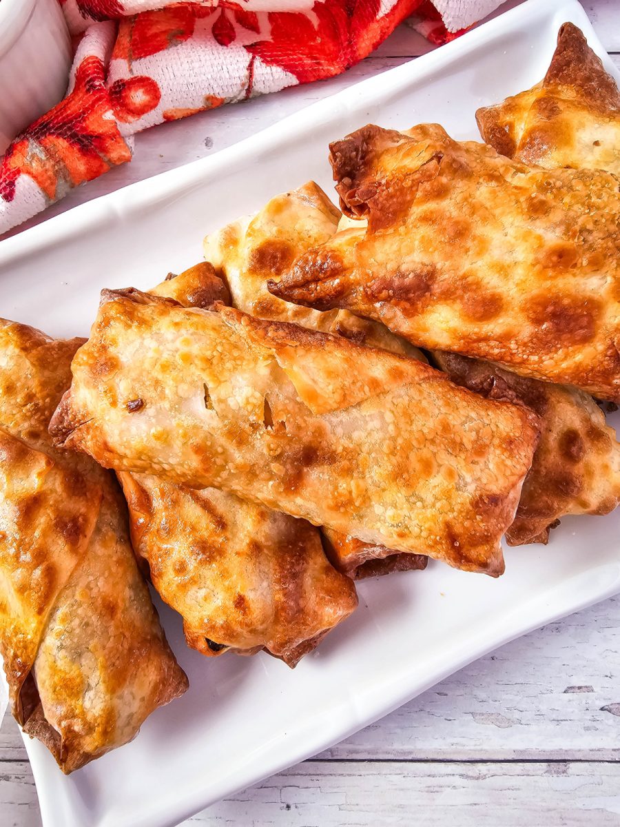 Thanksgiving egg rolls stacked on platter