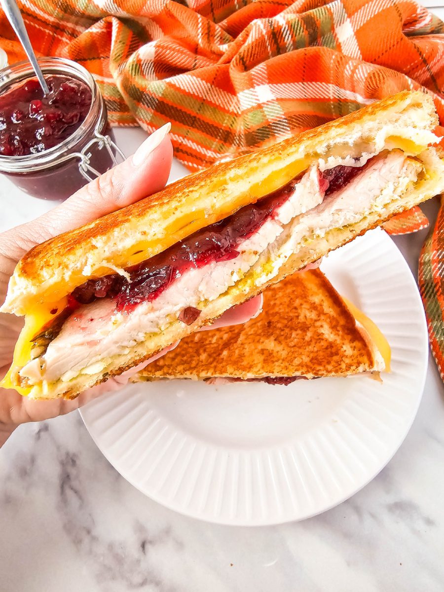 close up of toasted cheese with meat and cranberry