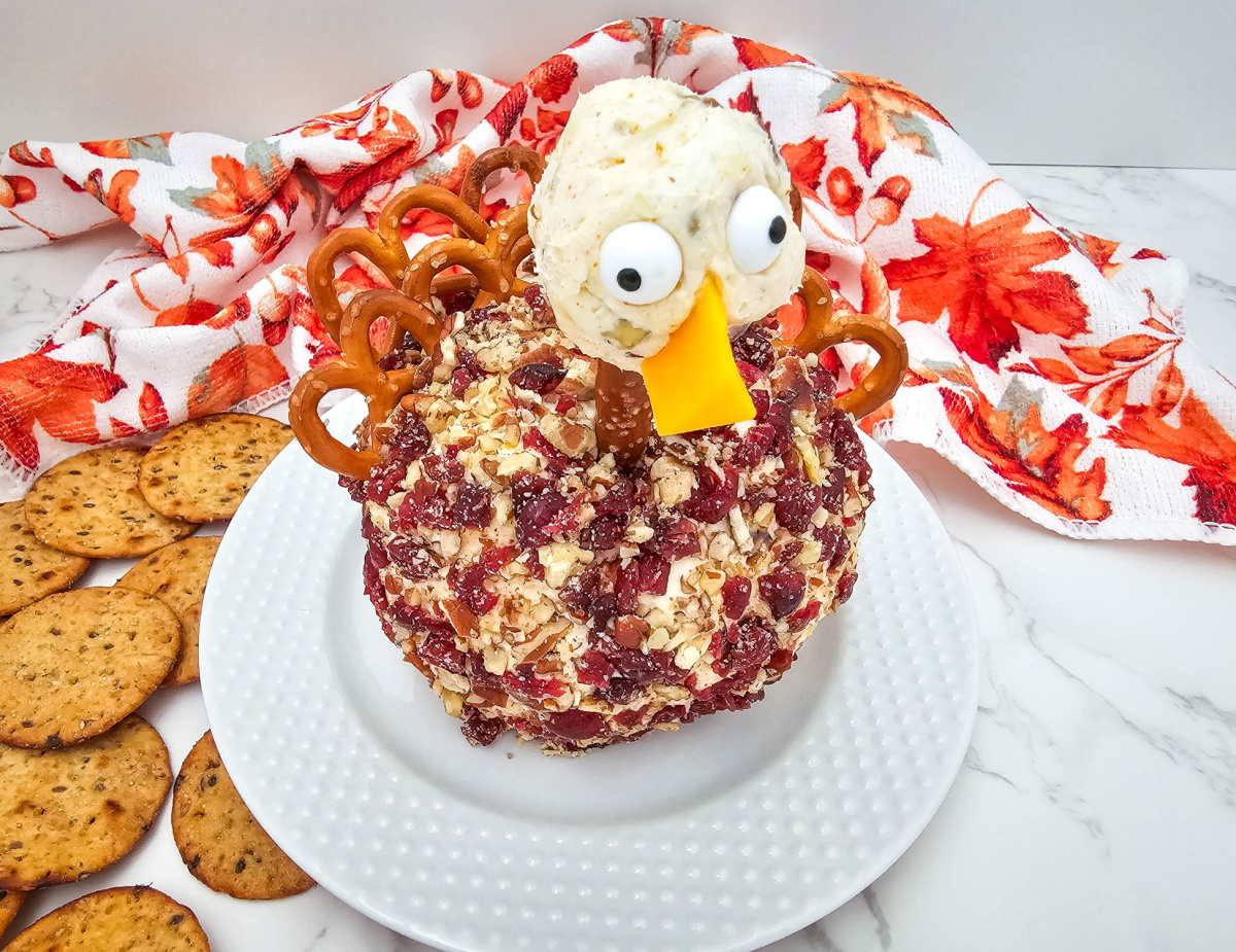 close up of turkey cheeseball for holidays