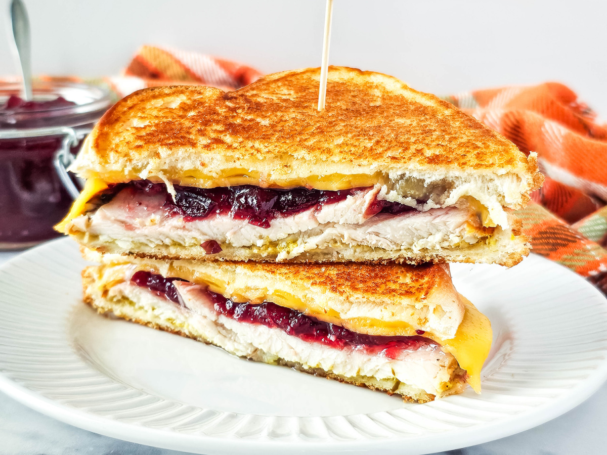 grilled turkey and cheese on white plate