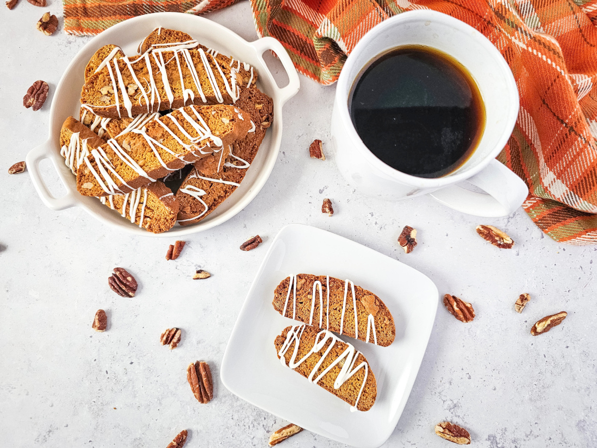 overhead shot of coffee mug and italian cookies