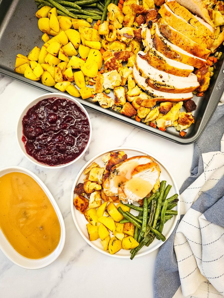 overhead shot of holiday sheet pan meal