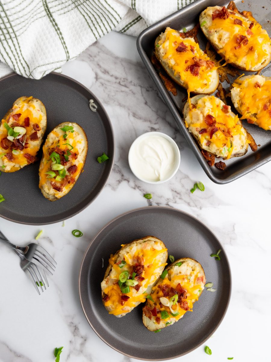 overhead view of cheesy bacon stuffed taters