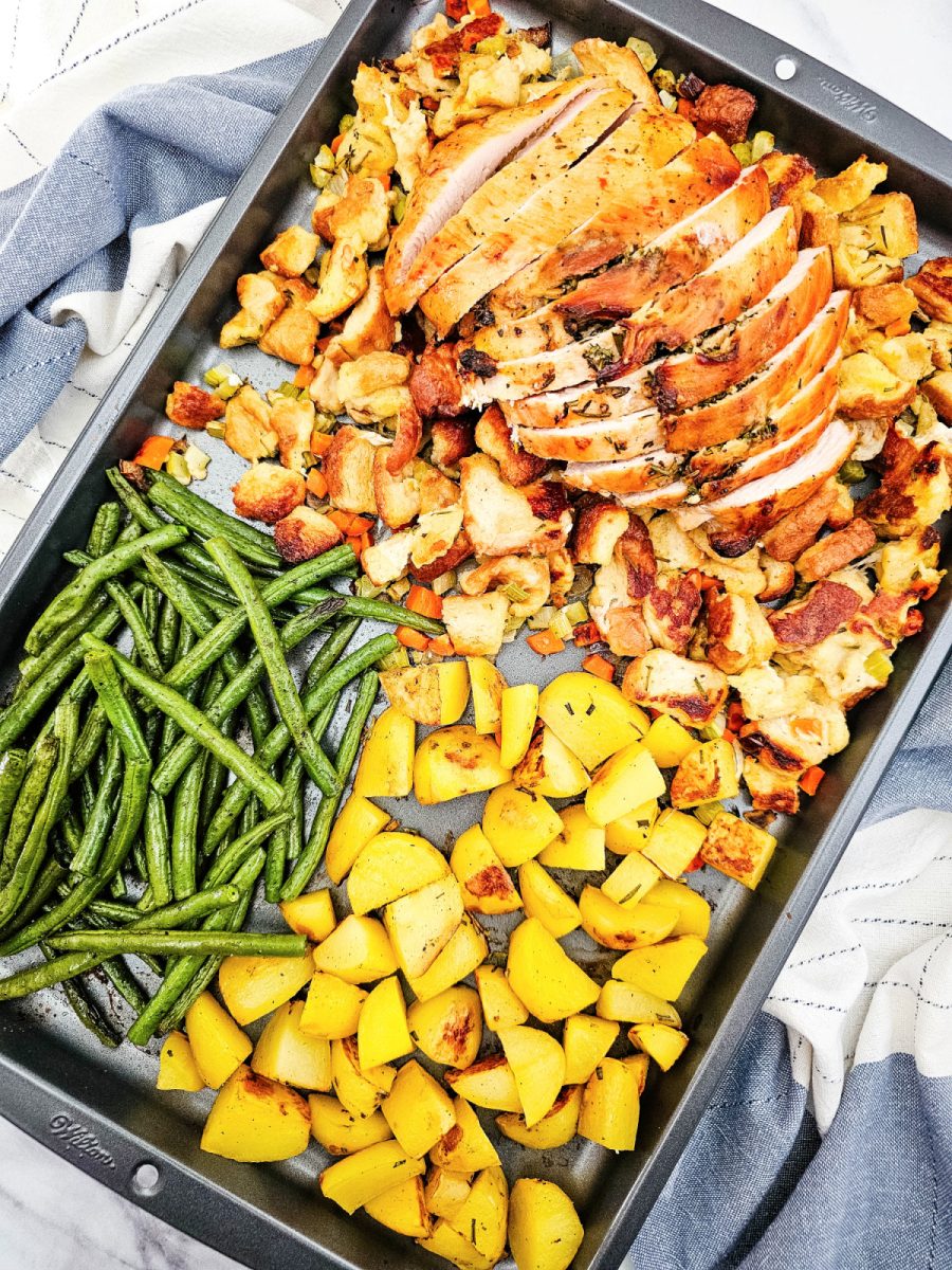 overhead view of one pan turkey meal