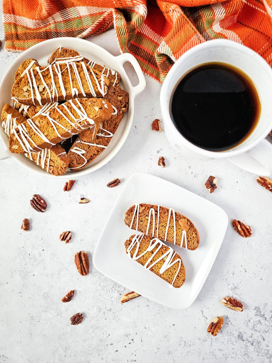 overhead view of pumpkin cookies with coffee