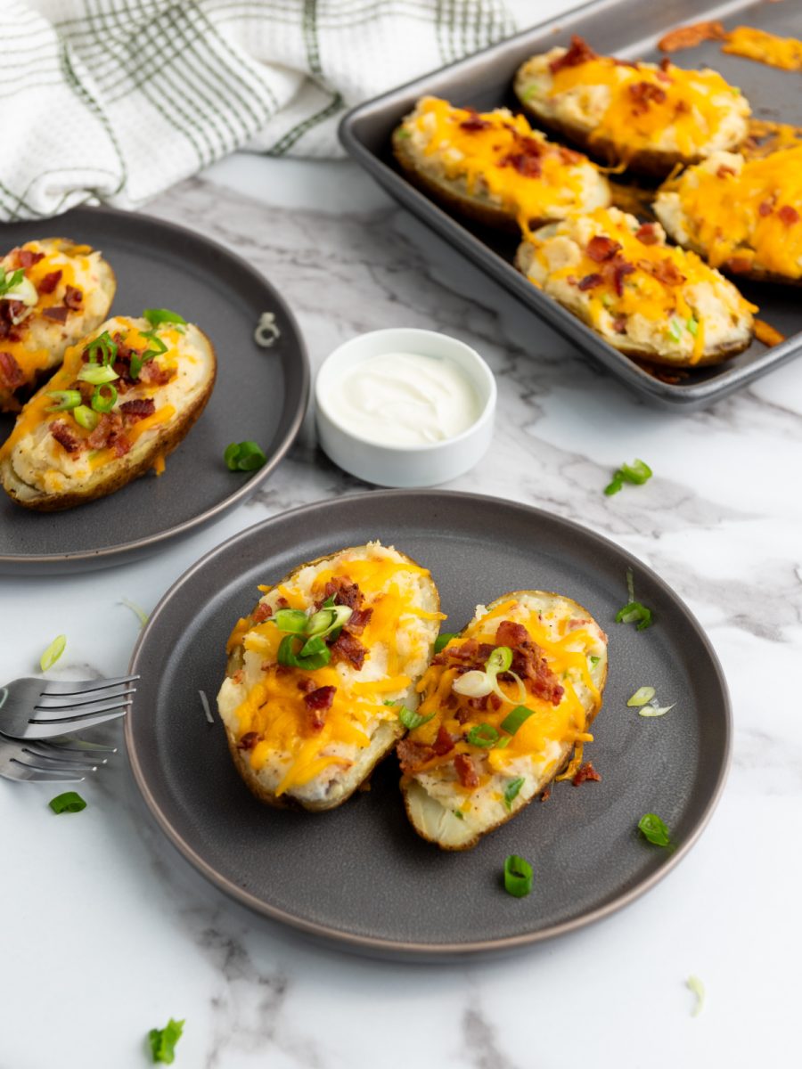 serving platter with baked potatoes