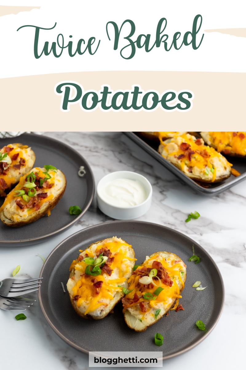 A close-up image of two plates filled with twice-baked potatoes. The potatoes are topped with melted cheese, crispy bacon, and green onions. A bowl of sour cream is also visible on the plate.