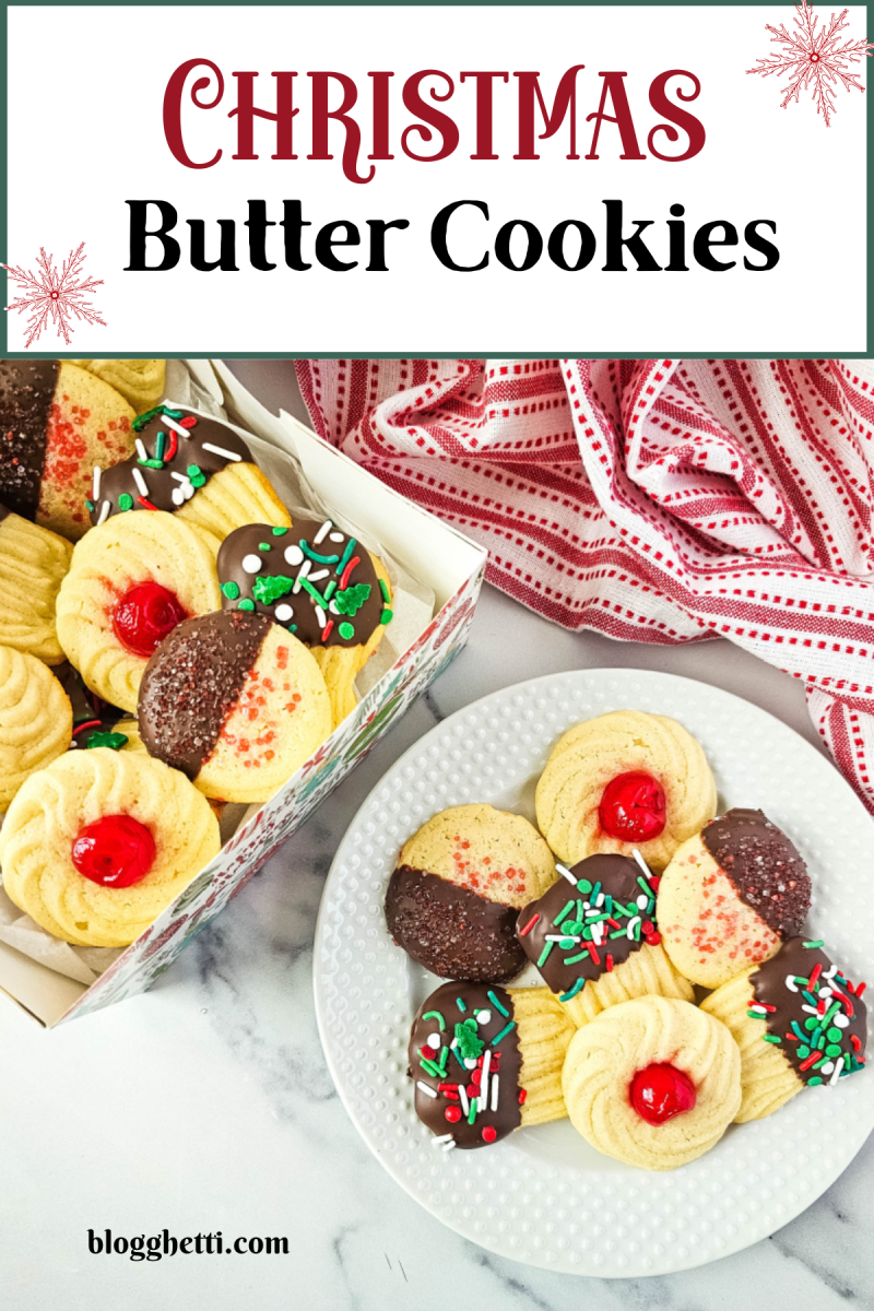 A festive display of Christmas butter cookies, featuring a variety of decorative styles. Some cookies are dipped in chocolate and adorned with colorful sprinkles, while others are garnished with cherries or red sugar crystals. The cookies are arranged on a white plate and in a gift box, surrounded by a red and white striped fabric for a cozy holiday vibe. The text "Christmas Butter Cookies" is displayed at the top, accompanied by snowflake illustrations.