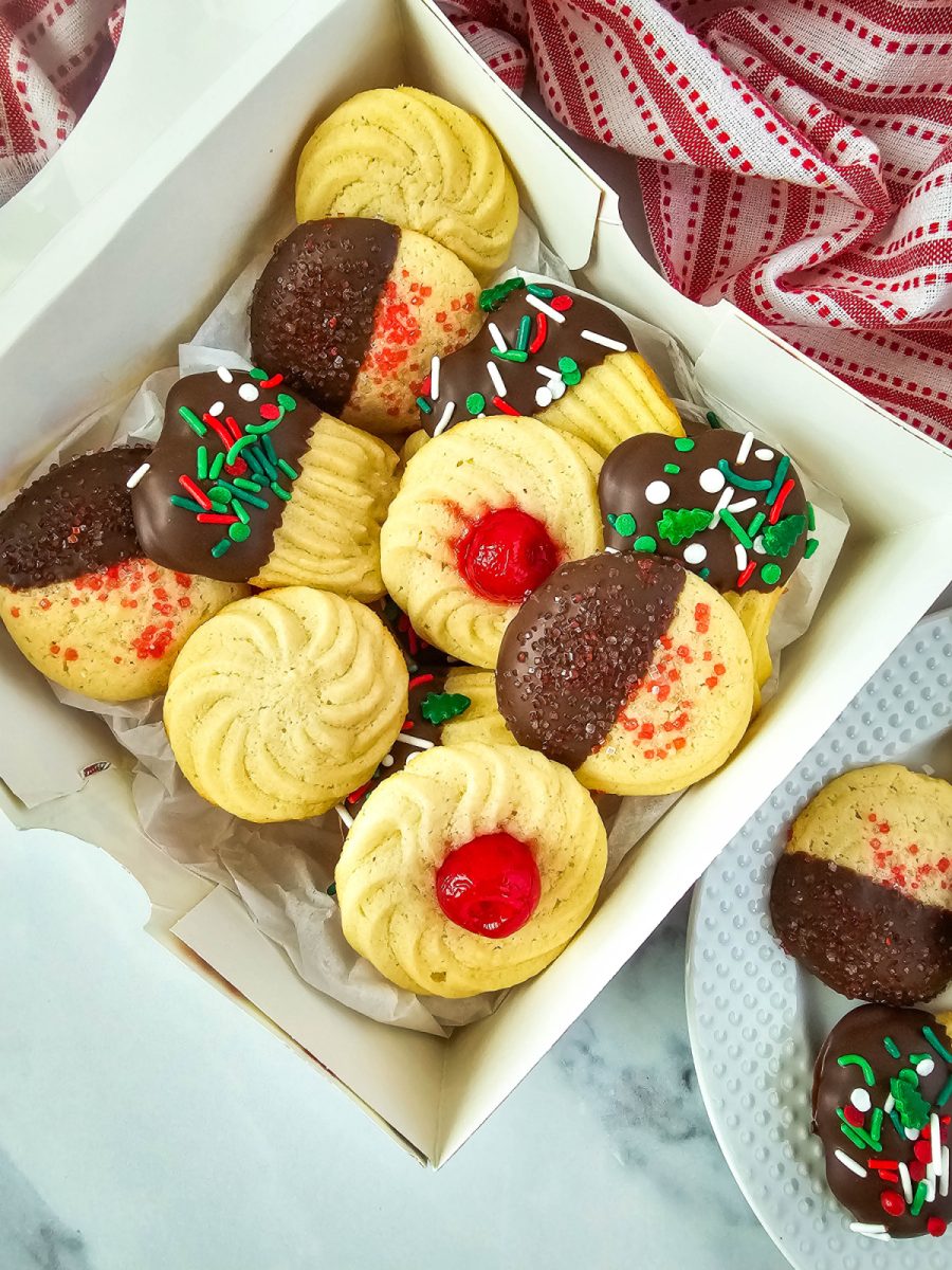 box of decorated cookies for the holidays