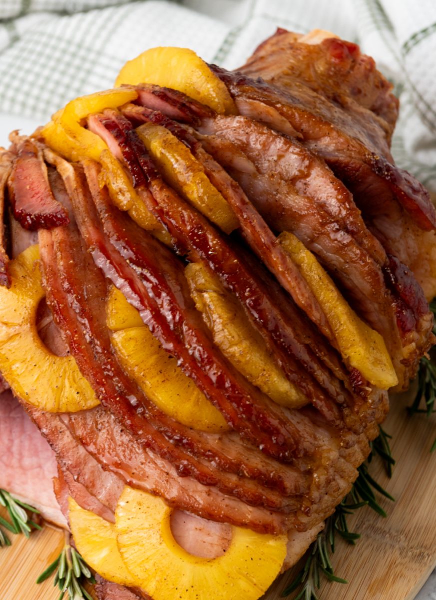 close up of baked glazed ham