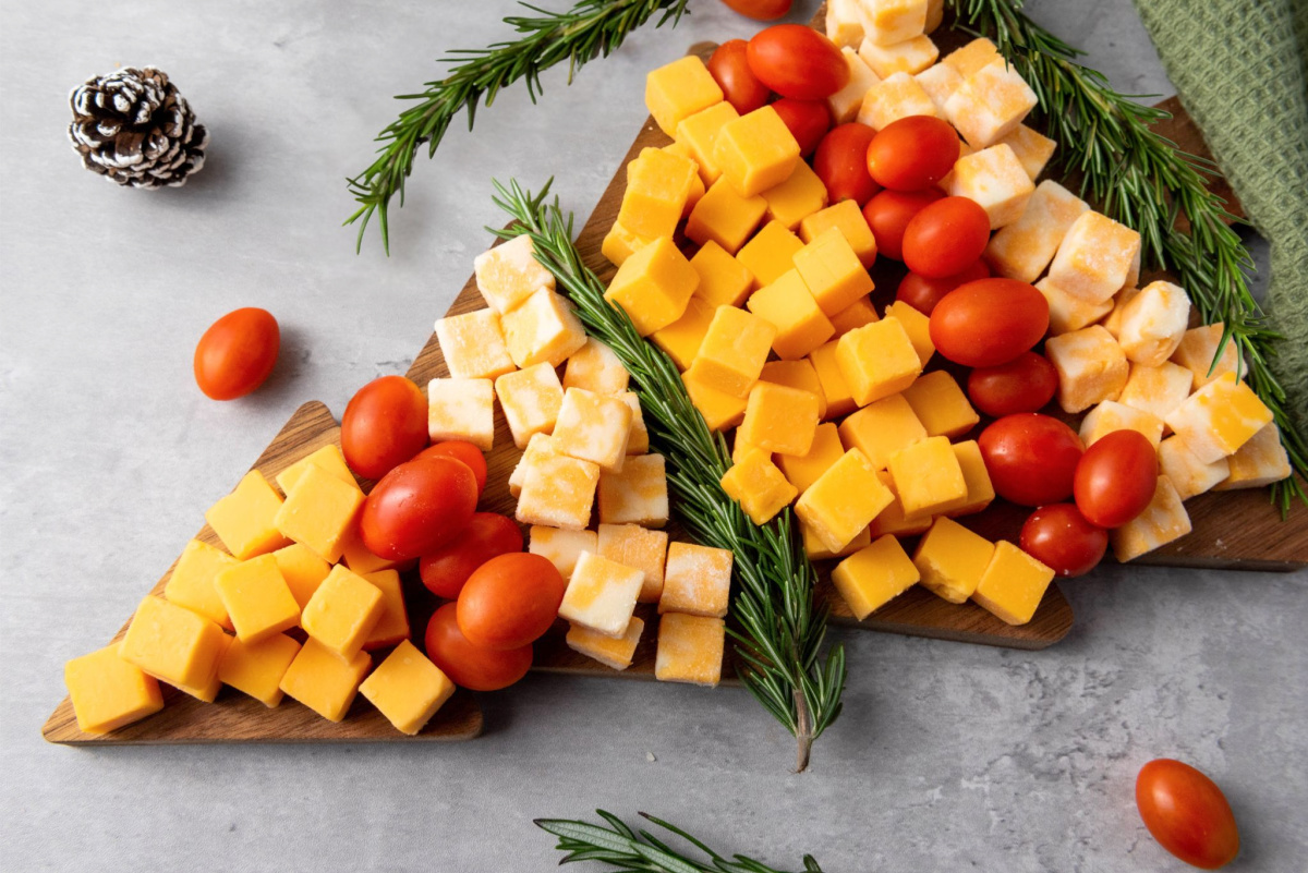 close up of side view of christmas tree cheese tray