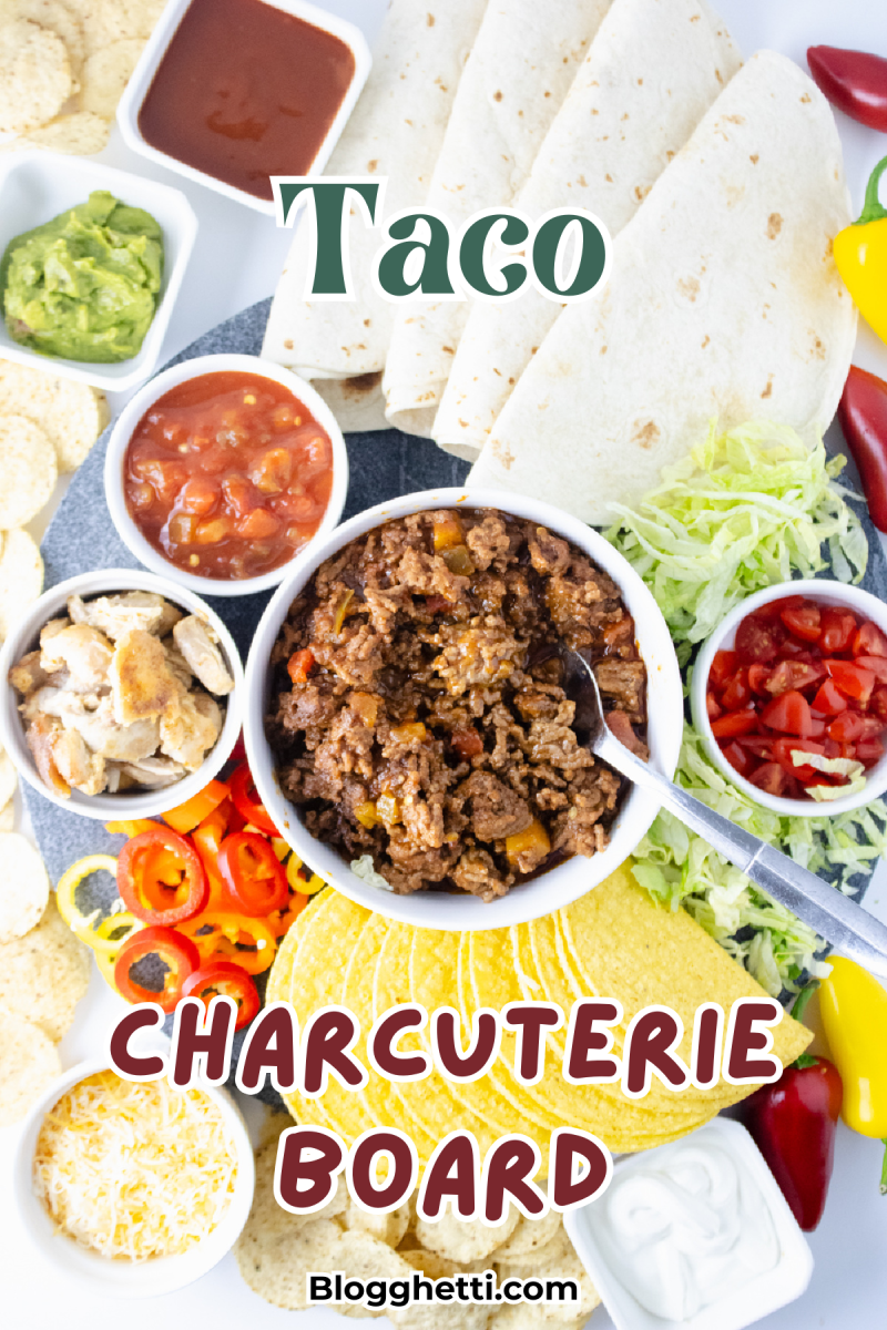 A colorful taco charcuterie board featuring a variety of taco ingredients, including soft flour tortillas, crispy taco shells, seasoned ground beef, grilled chicken, shredded lettuce, diced tomatoes, sliced bell peppers, shredded cheese, tortilla chips, salsa, guacamole, and sour cream. The board is styled with the words "Taco Charcuterie Board" in bold, playful fonts