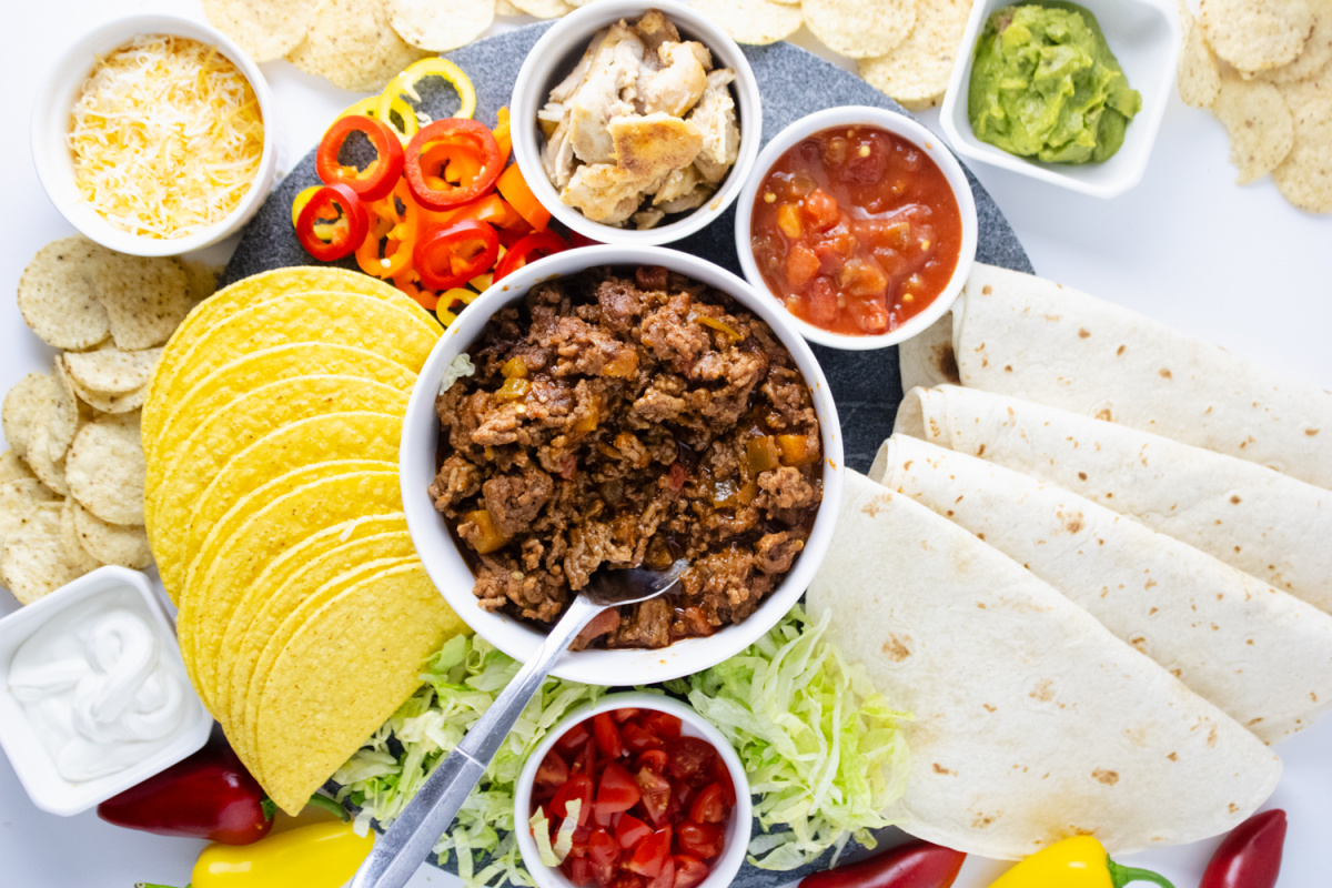 taco charcuterie board overhead view