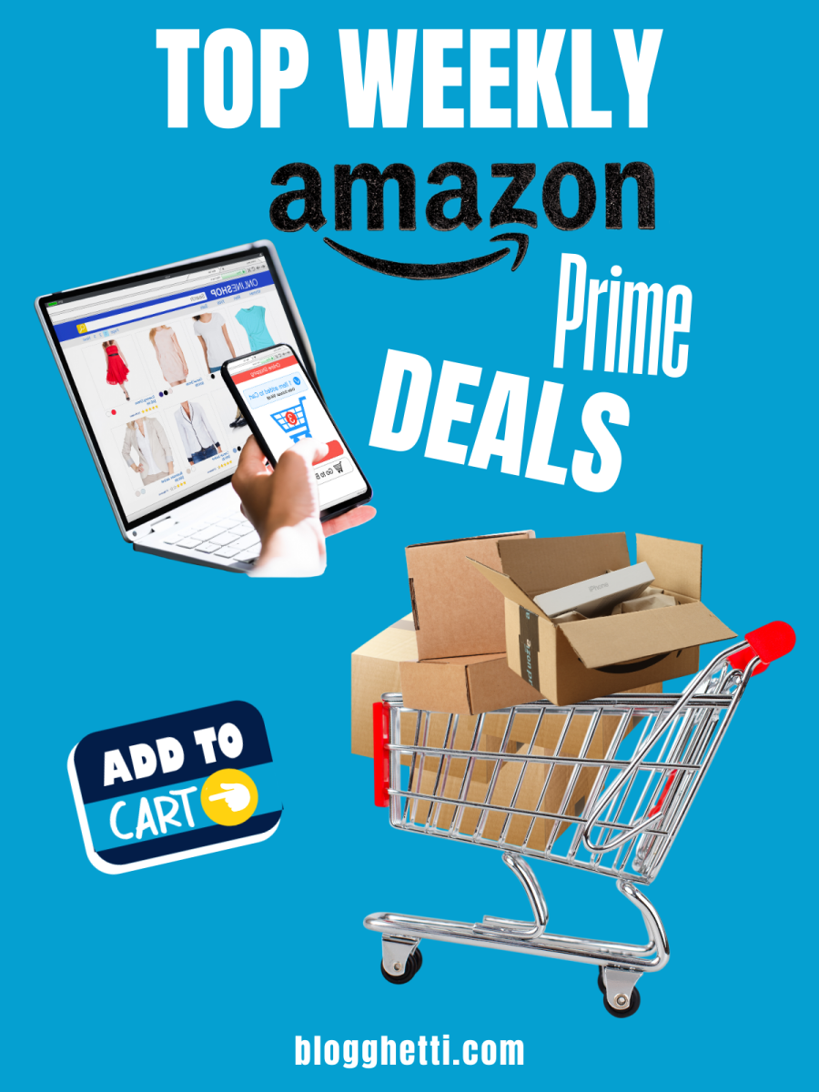 A bright blue background with the text "Top Weekly Amazon Prime Deals" in large white letters. Below that, a laptop and smartphone are shown with a person's hand holding the phone. A shopping cart filled with Amazon boxes is also visible. The text "ADD TO CART" is in a yellow speech bubble with a red arrow pointing to it.