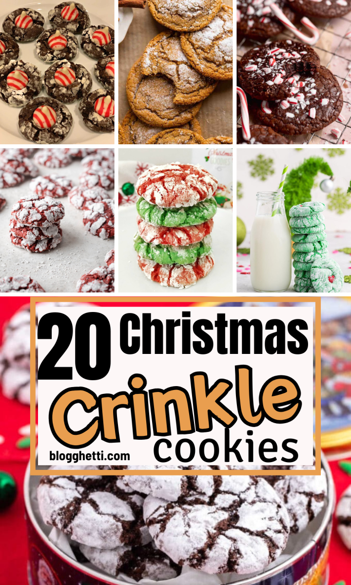 Pinterest-style image featuring a collage of close-up photos of different Christmas crinkle cookies, with a central title card reading "20 Christmas Crinkle Cookies"