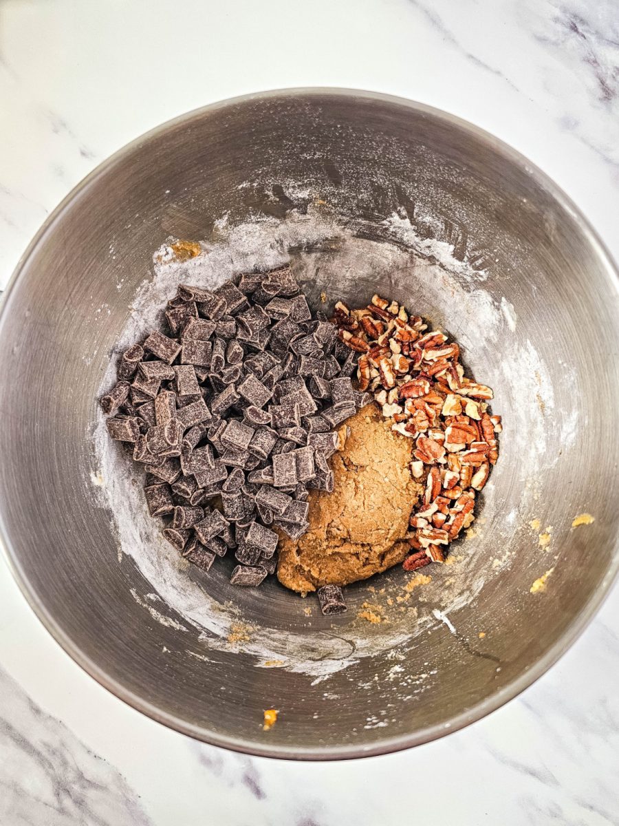 add chocolate and pecans to dough