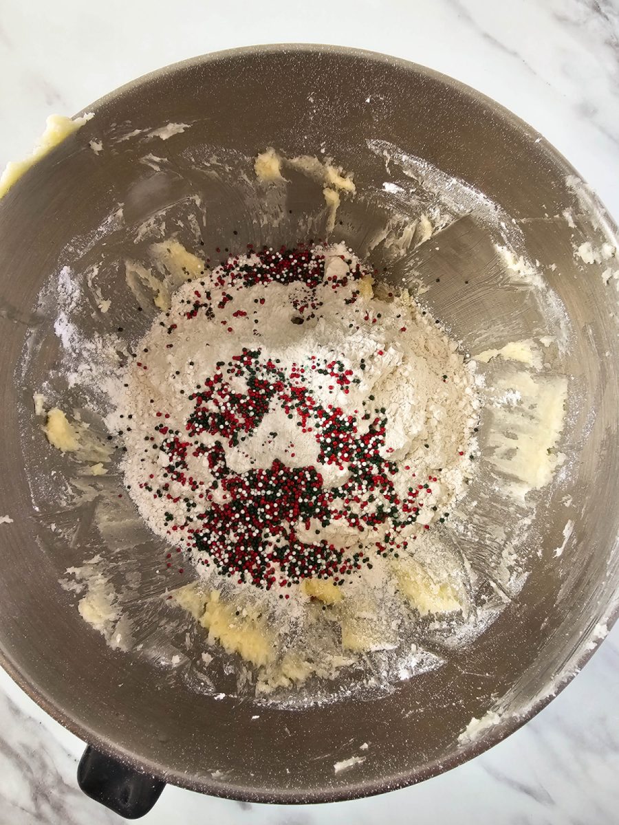 add flour salt and sprinkles to bowl