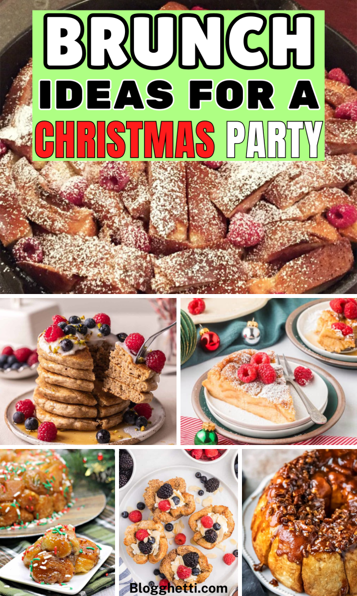 A collage of six festive Christmas brunch dishes, including a skillet full of French toast with berries, a stack of pancakes with berries, monkey bread with cinnamon sugar and glaze, and a breakfast casserole with berries and cream cheese.