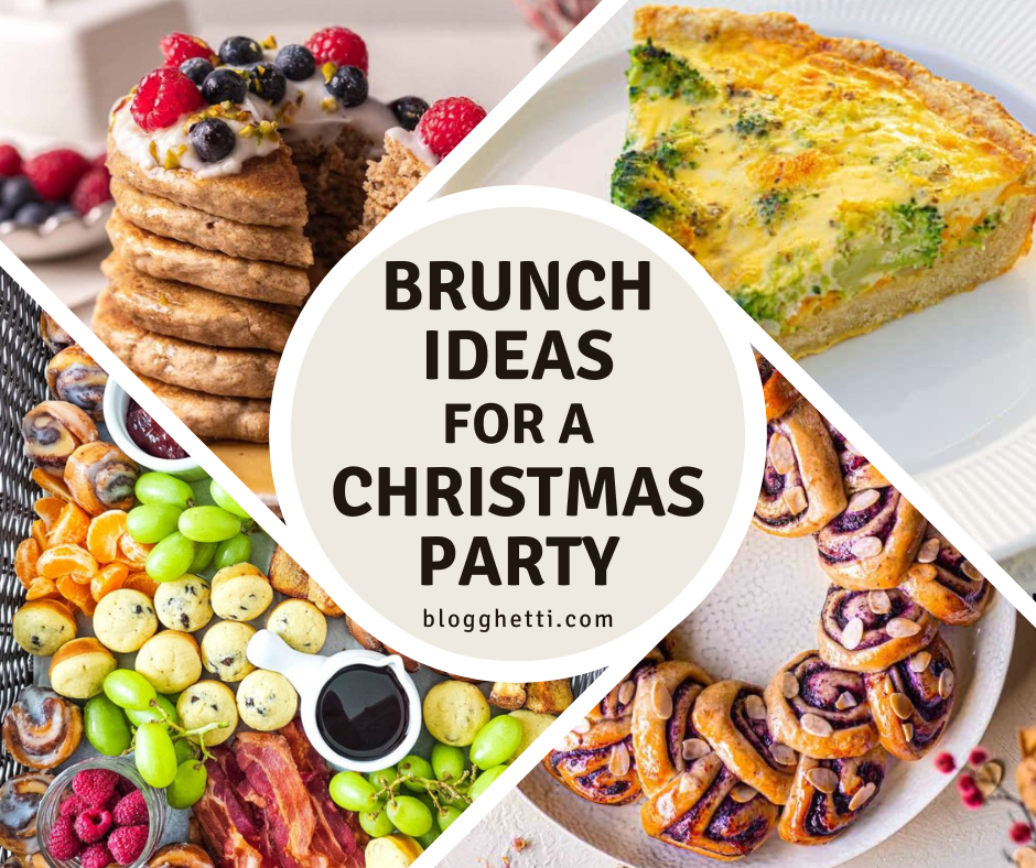 A collage of four festive Christmas brunch dishes, including a stack of pancakes with berries, a charcuterie board with cheese, fruit, and bacon, a quiche, and a wreath-shaped pastry.