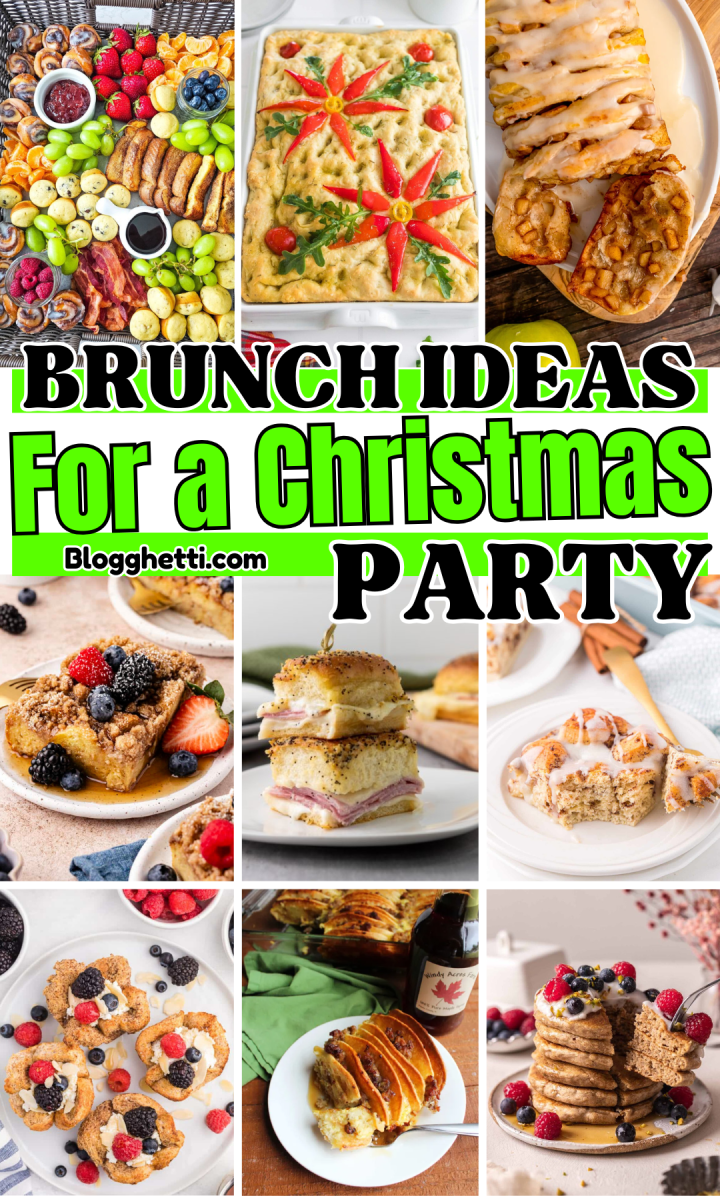 A collage of nine festive Christmas brunch dishes, including a charcuterie board, Christmas-themed focaccia bread, monkey bread, French toast, breakfast sandwiches, breakfast casserole, monkey bread, breakfast casserole, and a stack of pancakes with berries.