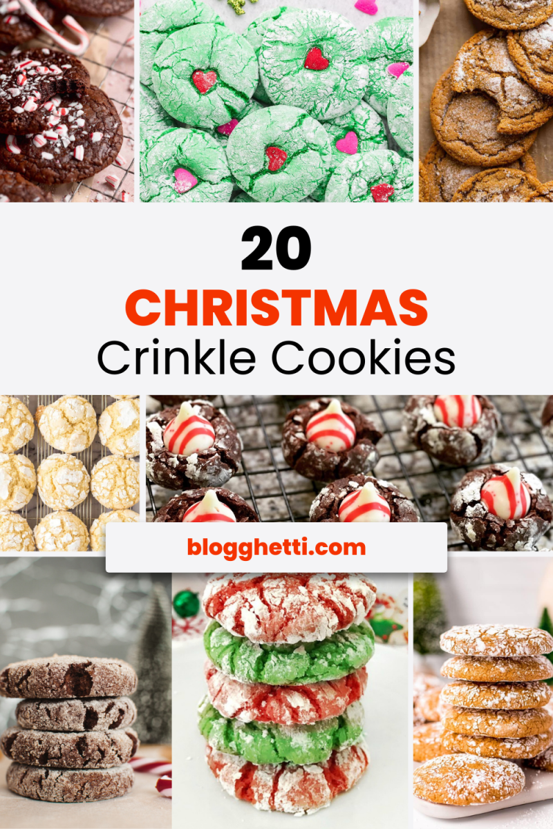 Pinterest-style image featuring a collage of close-up photos of different Christmas crinkle cookies, with a central title card reading "20 Christmas Crinkle Cookies"