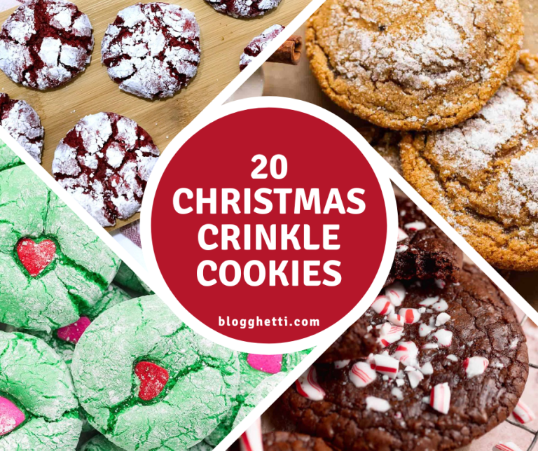 Collage of various Christmas crinkle cookies, including red velvet, gingerbread, green with red hearts, and chocolate peppermint, with a central red circle containing the text "20 Christmas Crinkle Cookies