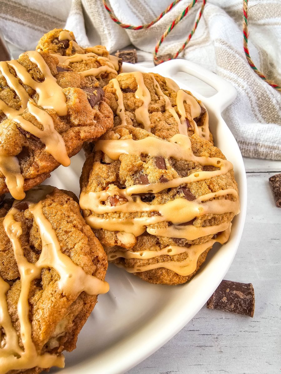 close up of java cookies with chocolate chunks