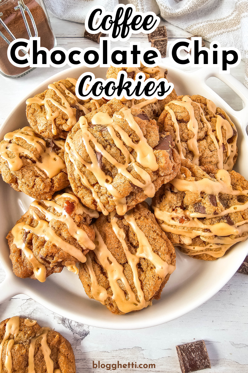 A close-up image of a plate of coffee chocolate chip cookies. The cookies are golden brown and topped with chocolate chips and a drizzle of coffee glaze.