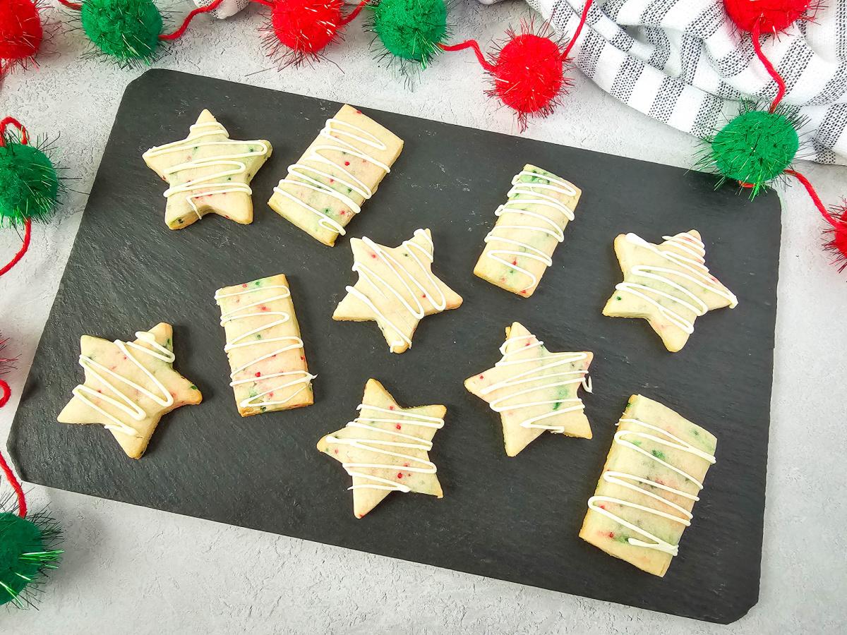 overhead shot of christmas shortbread cookies