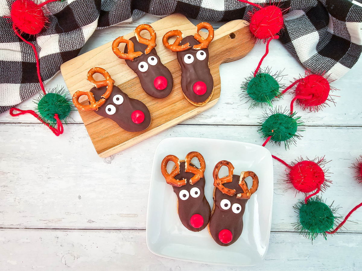 overhead view of nutter butter reindeer cookies