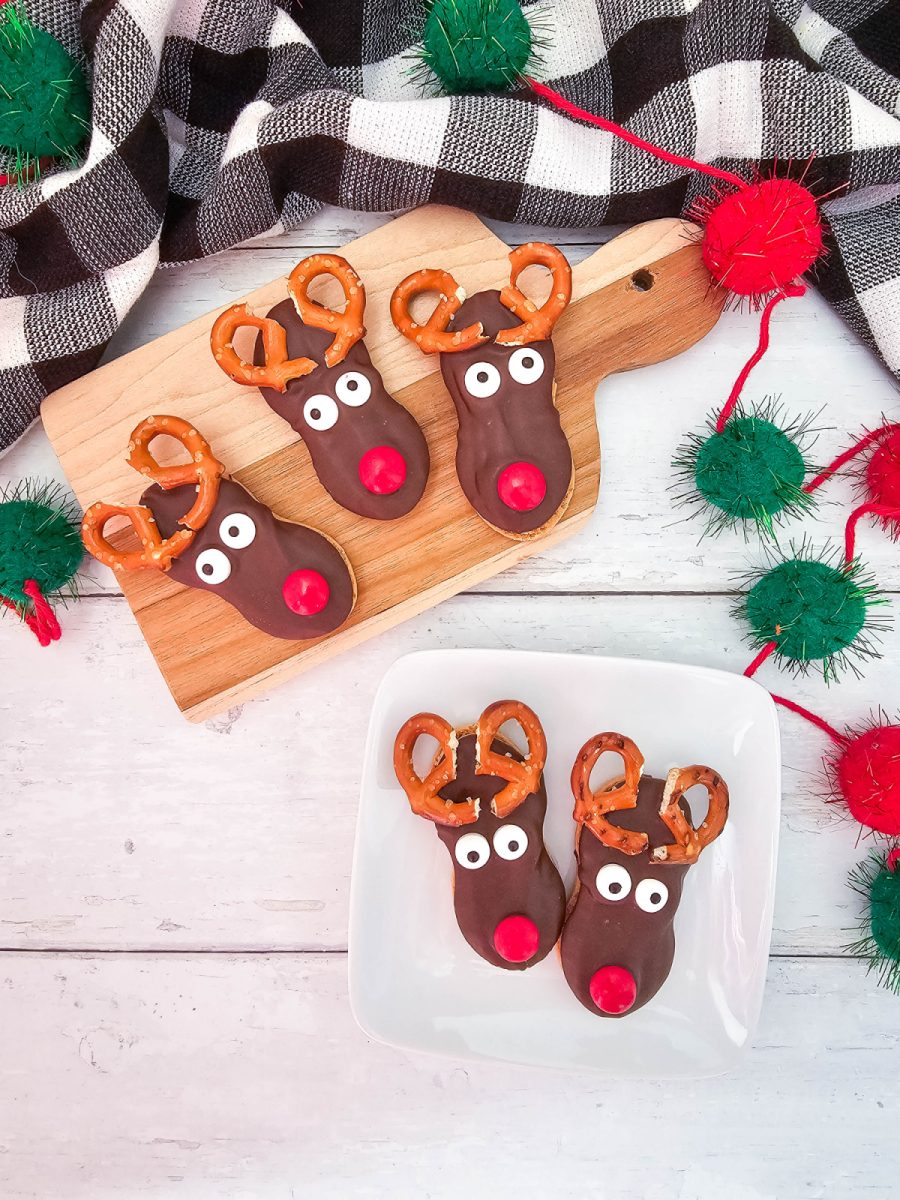 reindeer cookies on wood tray