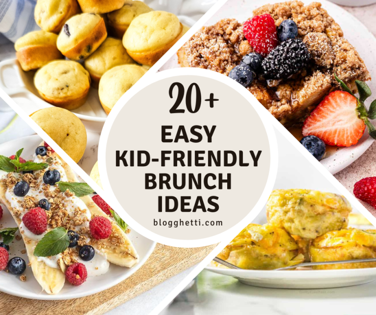 Collage featuring easy kid-friendly brunch recipes, including breakfast burritos, pancakes, fruit skewers, egg bites, and crescent rolls.