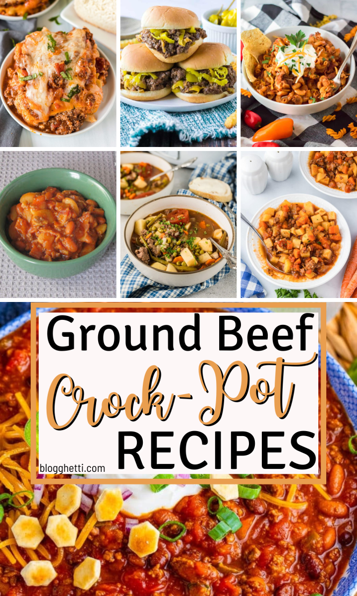 Collage of various ground beef Crock-Pot recipes, including chili, sloppy joes, and stew.