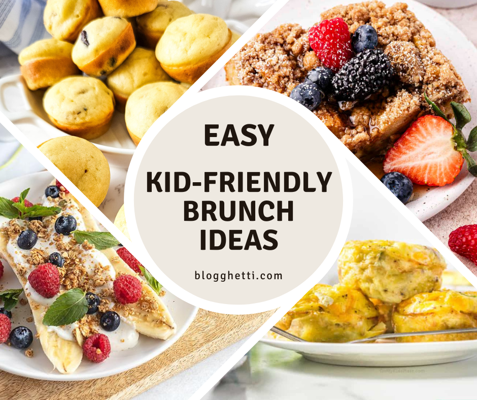 Collage featuring easy kid-friendly brunch recipes, including breakfast burritos, pancakes, fruit skewers, egg bites, and crescent rolls.