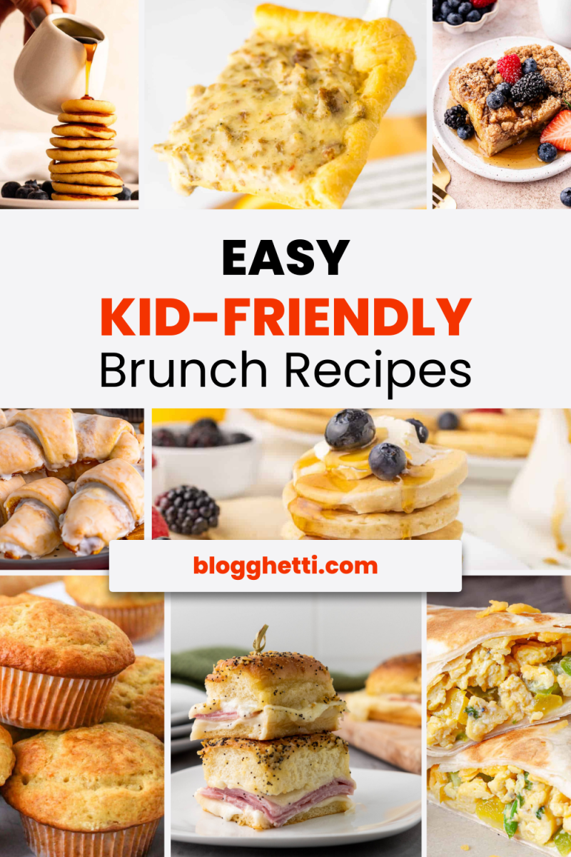 collage featuring a variety of easy kid-friendly brunch recipes, including pancakes, waffles, fruit skewers, egg bites, crescent rolls, muffins, sandwiches, and breakfast burritos. The text overlay "Easy Kid-Friendly Brunch Recipes"