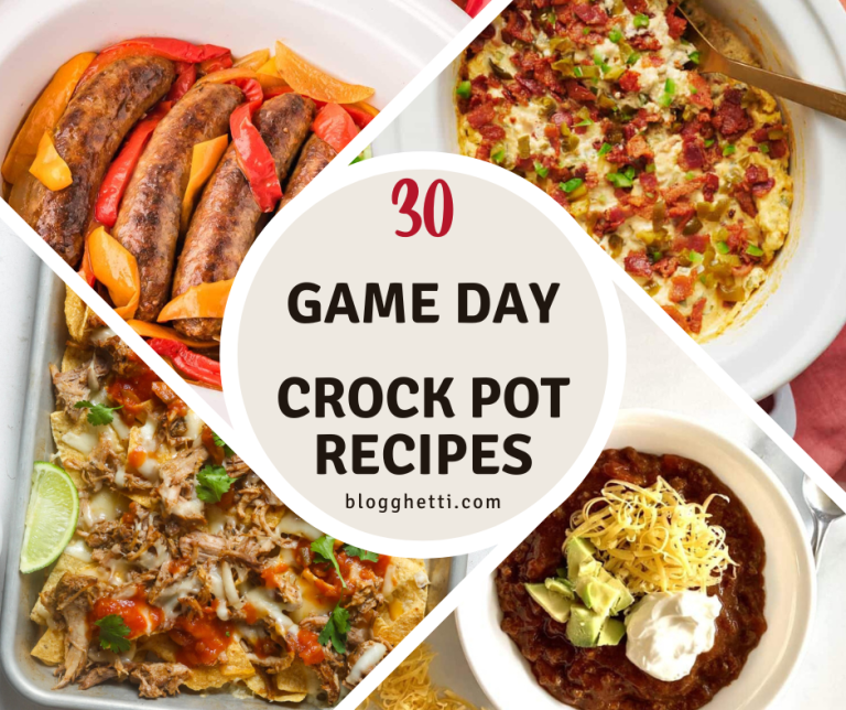 Collage of four crock-pot game-day recipes: sausage and peppers, cheesy dip, nachos, and chili.