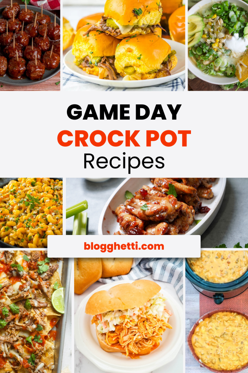 Image showcasing a variety of game day crock pot recipes, including meatballs, pulled pork sliders, chicken wings, mac and cheese, and cheesy dips.