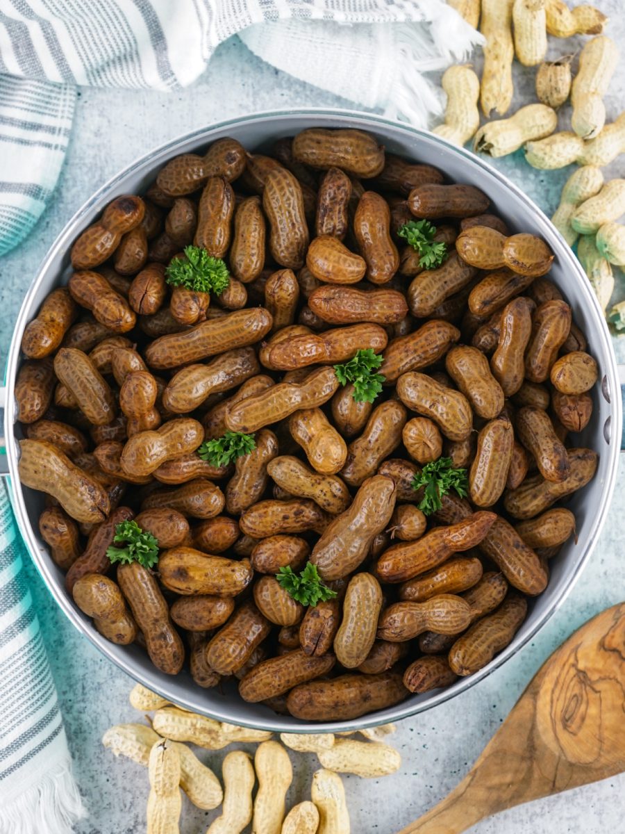 ovehead view of pot of boiled peanuts