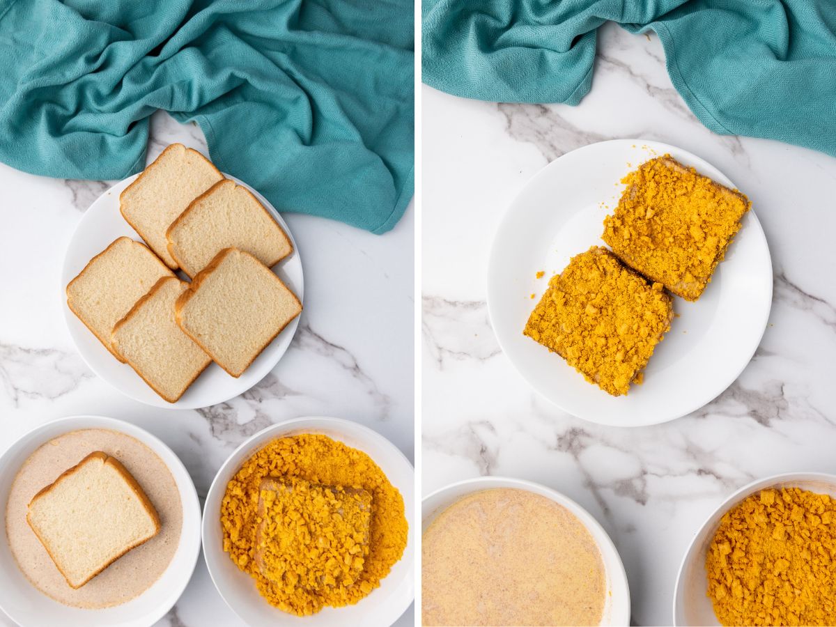 slices of bread into batter and cereal