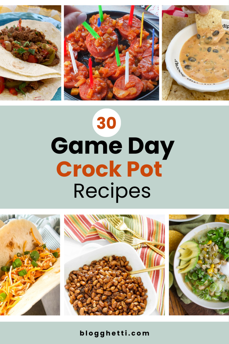 Image showcasing six savory crock-pot recipes, including tacos, sausage bites, bean dip, pulled pork sandwiches, baked beans, and soup.