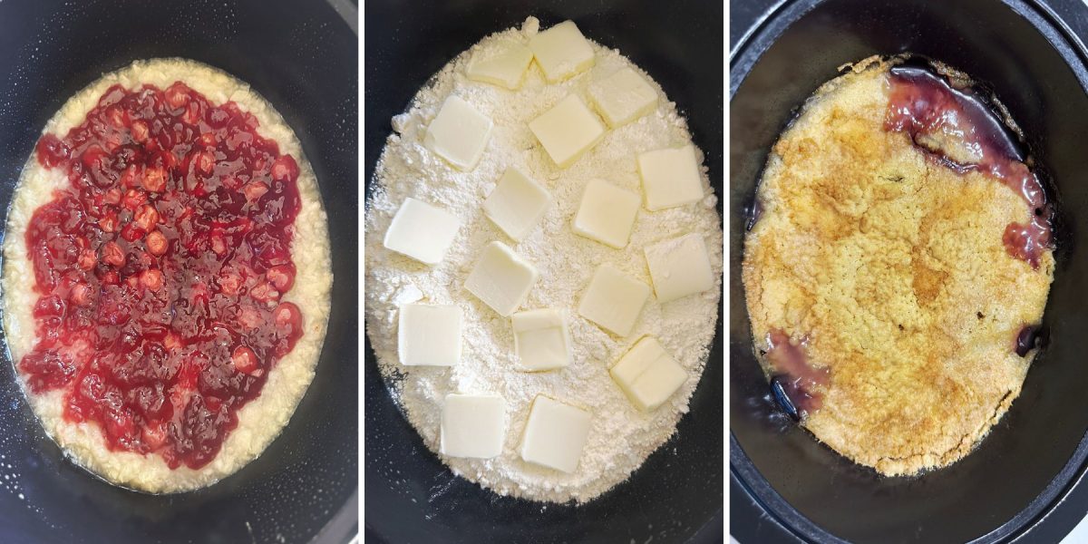 adding ingredients to slow cooker and then a picture showing the baked dump cake.