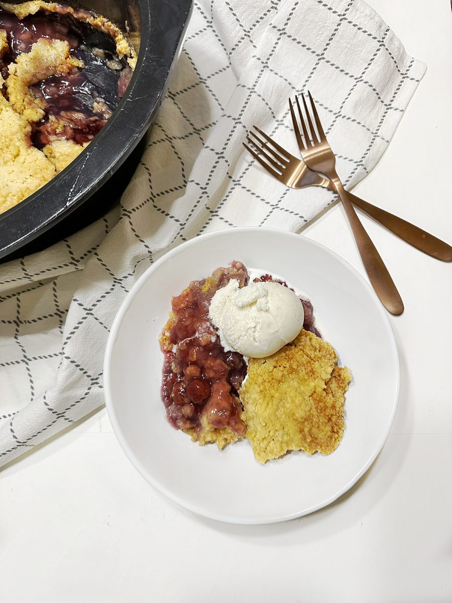 overhead view of plated cobbler with ice cream