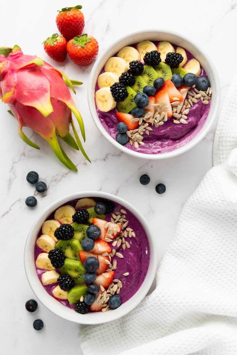 overheadview of two fruit smoothie bowls