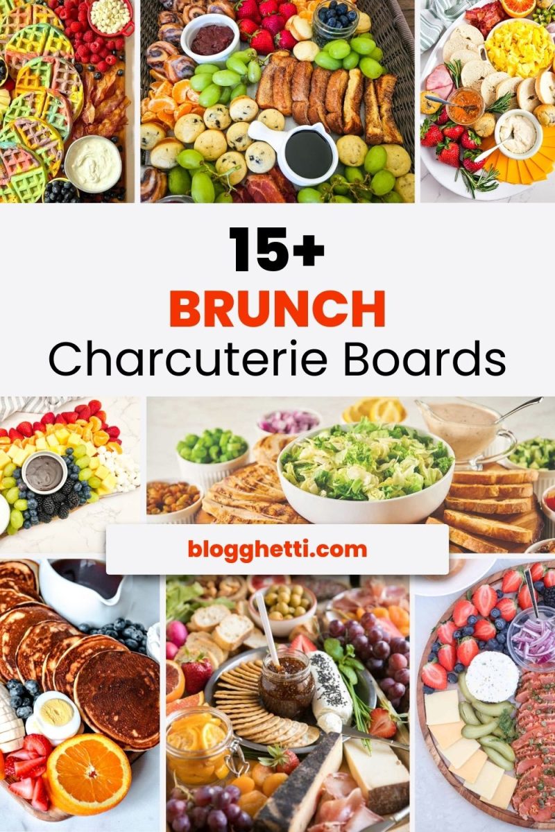 A collage of nine images showcasing various brunch charcuterie boards, each filled with different breakfast and brunch items like waffles, fruits, eggs, bagels, and spreads. The images are arranged around a central text graphic that reads "15+ Brunch Charcuterie Boards"